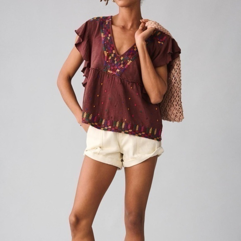 Anthropologie Embroidered Ruffle-Sleeve Peplum Top